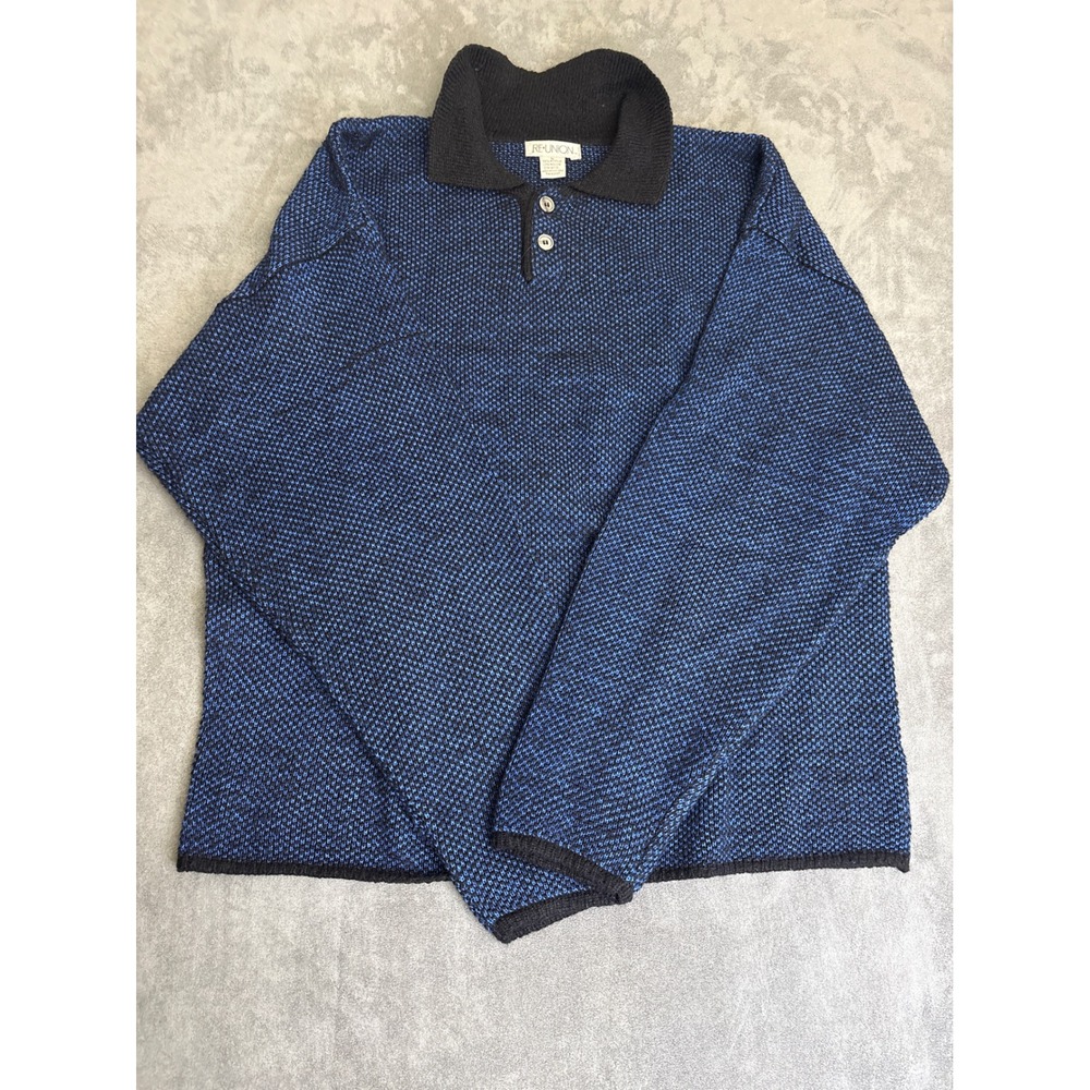 Reunion Vintage Blue Black Knit Polo Sweater Large Wool Blend Long Sleeve